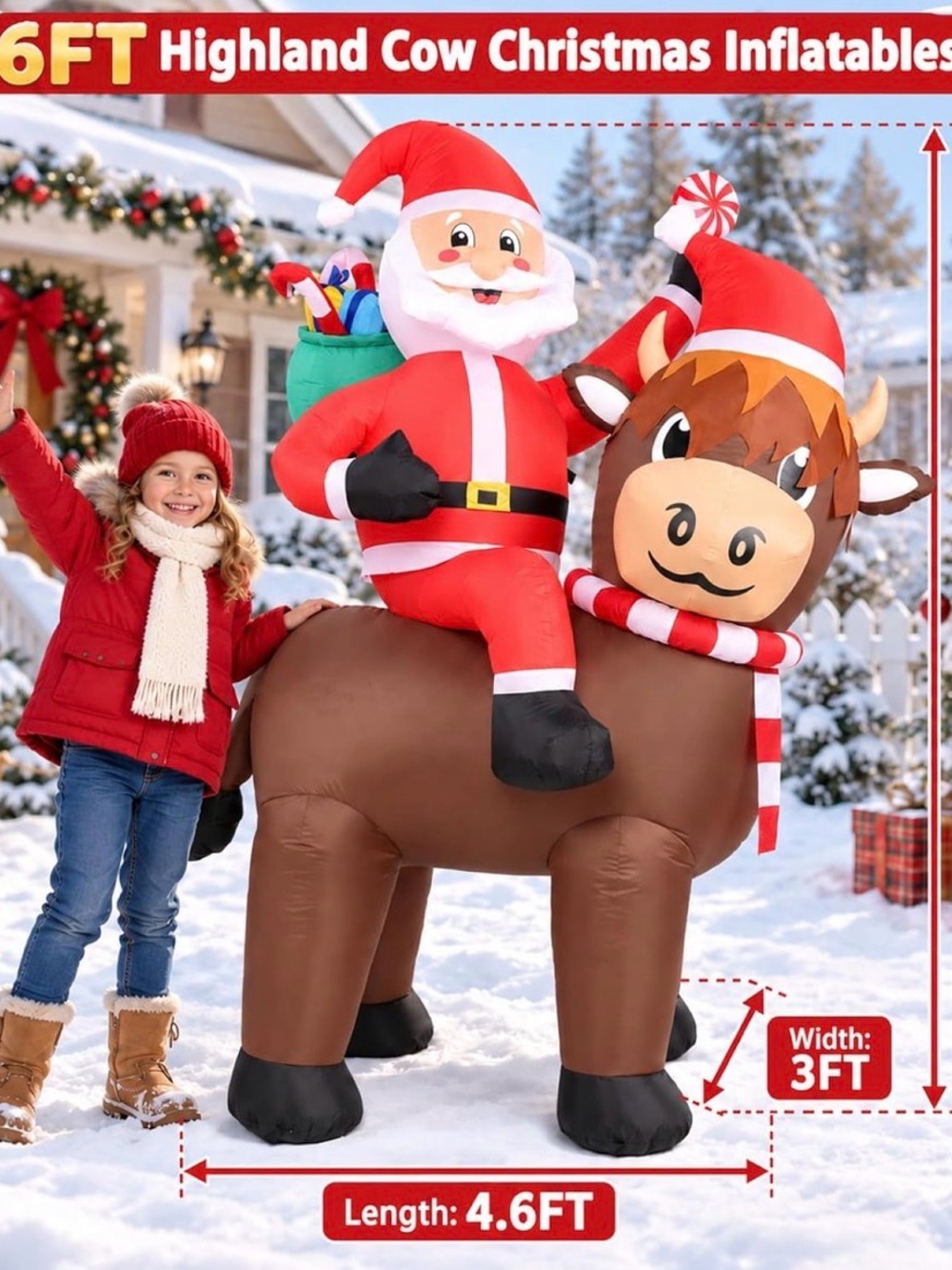 Inflatable Brown Highland Cow with Santa - Holiday Kids Toy